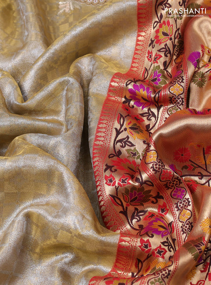 Kanchipuram silk saree gold and red with allover silver & gold zari weaves and paithani pallu