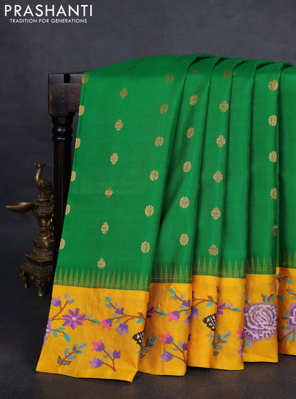 Pure gadwal silk saree green and mango yellow with zari woven buttas and temple design embroidered border