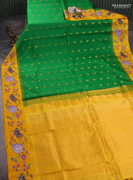 Pure gadwal silk saree green and mango yellow with zari woven buttas and temple design embroidered border