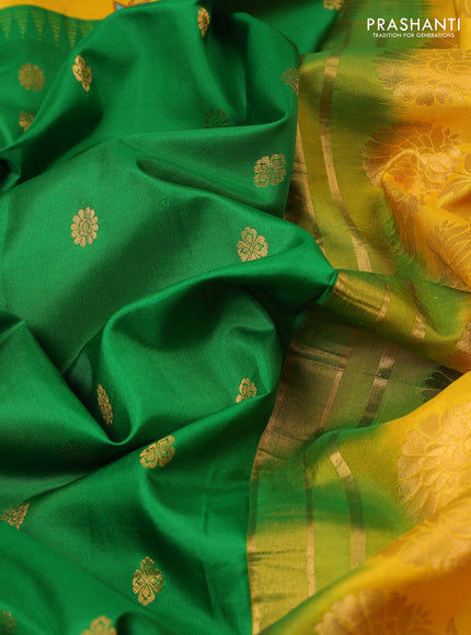 Pure gadwal silk saree green and mango yellow with zari woven buttas and temple design embroidered border
