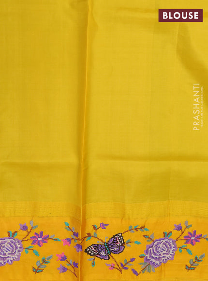 Pure gadwal silk saree green and mango yellow with zari woven buttas and temple design embroidered border
