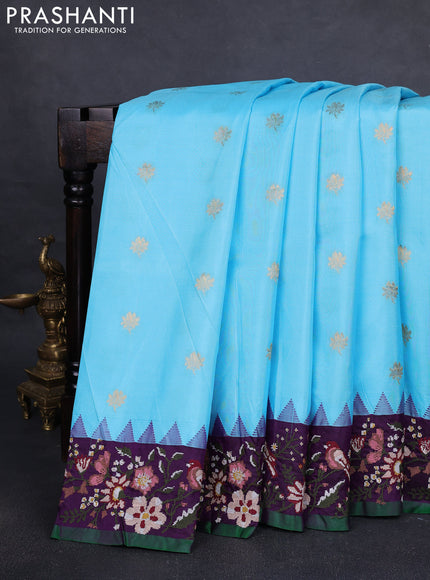 Pure gadwal silk saree light blue and purple with zari woven buttas and temple design embroidered border
