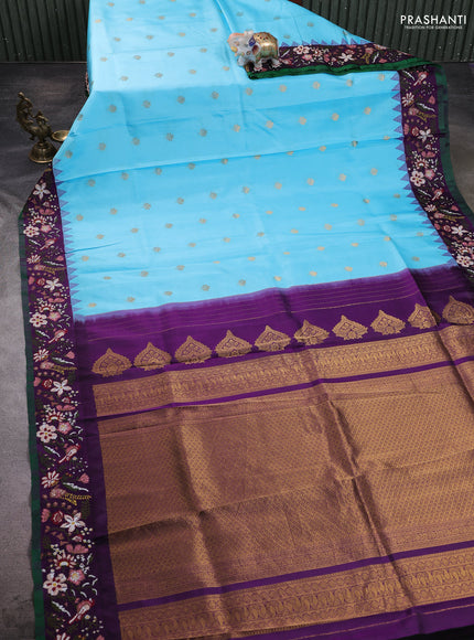 Pure gadwal silk saree light blue and purple with zari woven buttas and temple design embroidered border