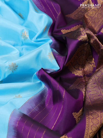 Pure gadwal silk saree light blue and purple with zari woven buttas and temple design embroidered border