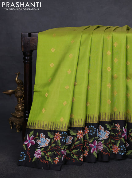 Pure gadwal silk saree lime green and black with zari woven buttas and temple design embroidered border