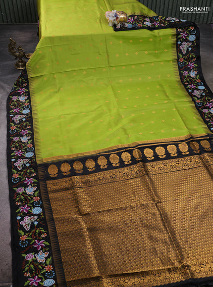 Pure gadwal silk saree lime green and black with zari woven buttas and temple design embroidered border
