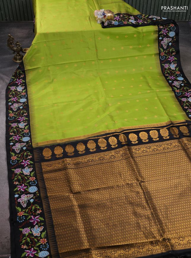 Pure gadwal silk saree lime green and black with zari woven buttas and temple design embroidered border