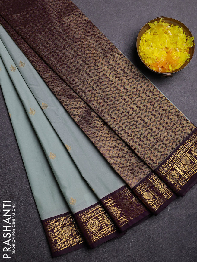 Semi kanchipuram silk saree pastel blue and deep wine with zari woven buttas and zari woven korvai border