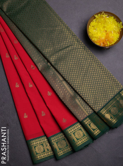 Semi kanchipuram silk saree red and green with zari woven buttas and zari woven korvai border