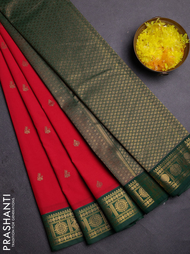 Semi kanchipuram silk saree red and green with zari woven buttas and zari woven korvai border