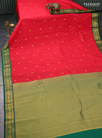 Semi kanchipuram silk saree red and green with zari woven buttas and zari woven korvai border