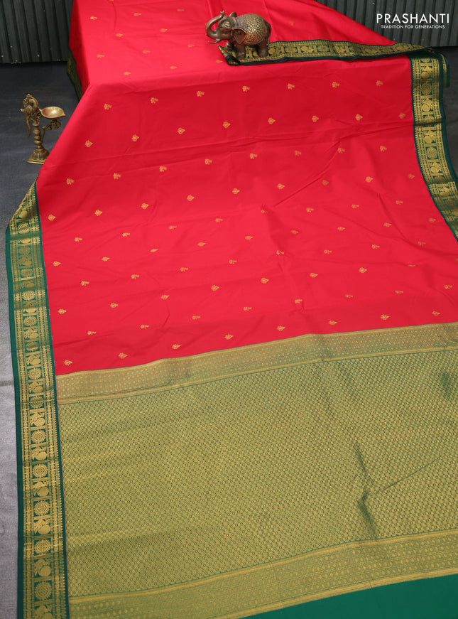 Semi kanchipuram silk saree red and green with zari woven buttas and zari woven korvai border