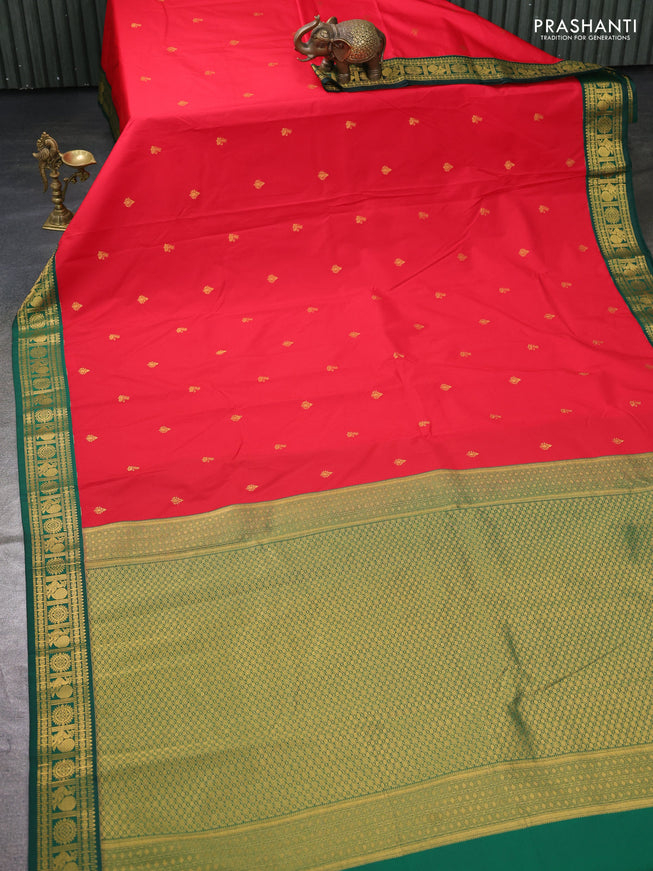 Semi kanchipuram silk saree red and green with zari woven buttas and zari woven korvai border
