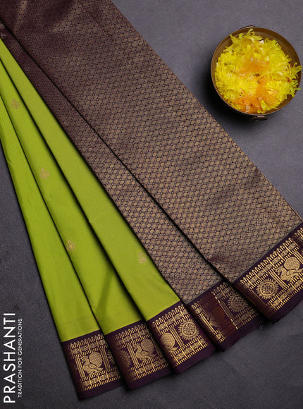 Semi kanchipuram silk saree light green and deep wine with zari woven buttas and zari woven korvai border