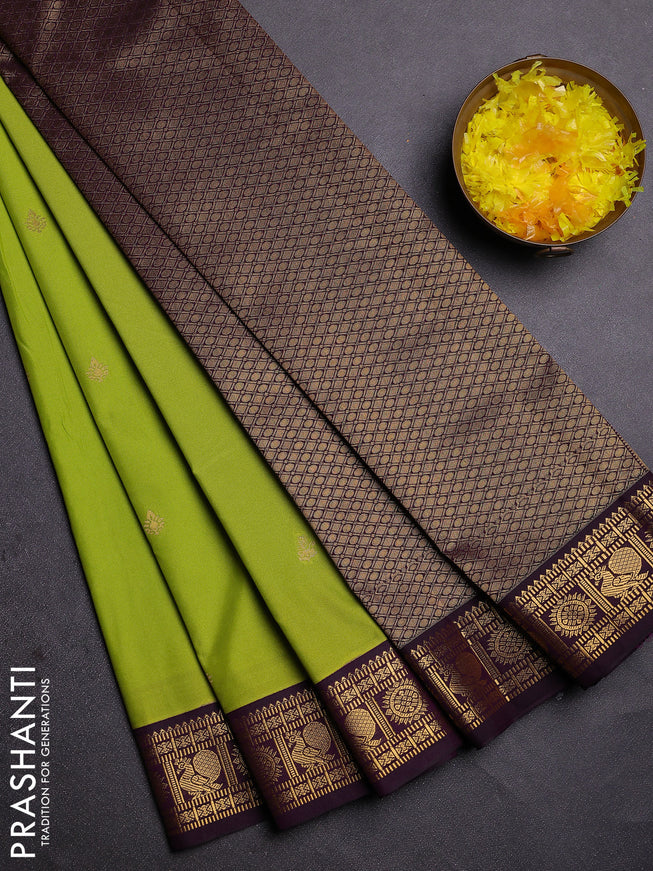 Semi kanchipuram silk saree light green and deep wine with zari woven buttas and zari woven korvai border