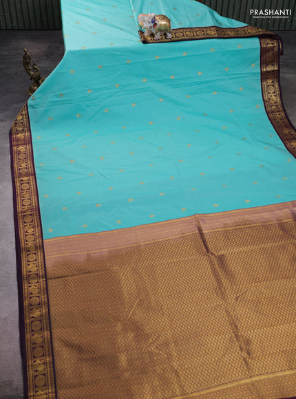 Semi kanchipuram silk saree teal blue and deep wine with zari woven buttas and zari woven korvai border