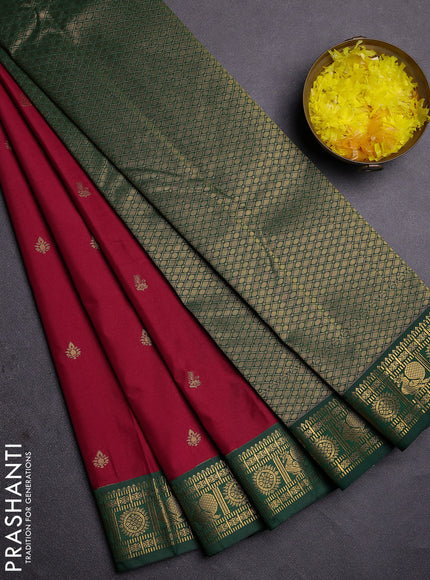 Semi kanchipuram silk saree dark pink and green with zari woven buttas and zari woven korvai border