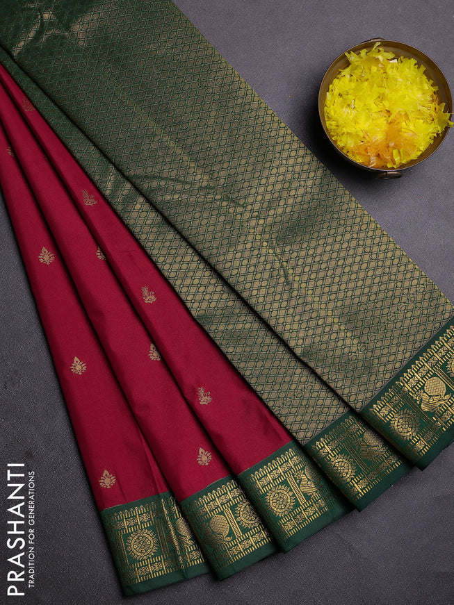 Semi kanchipuram silk saree dark pink and green with zari woven buttas and zari woven korvai border