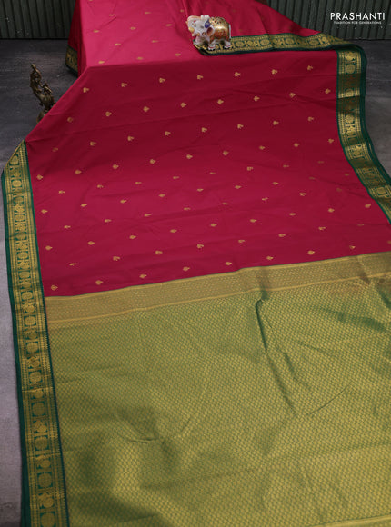 Semi kanchipuram silk saree dark pink and green with zari woven buttas and zari woven korvai border
