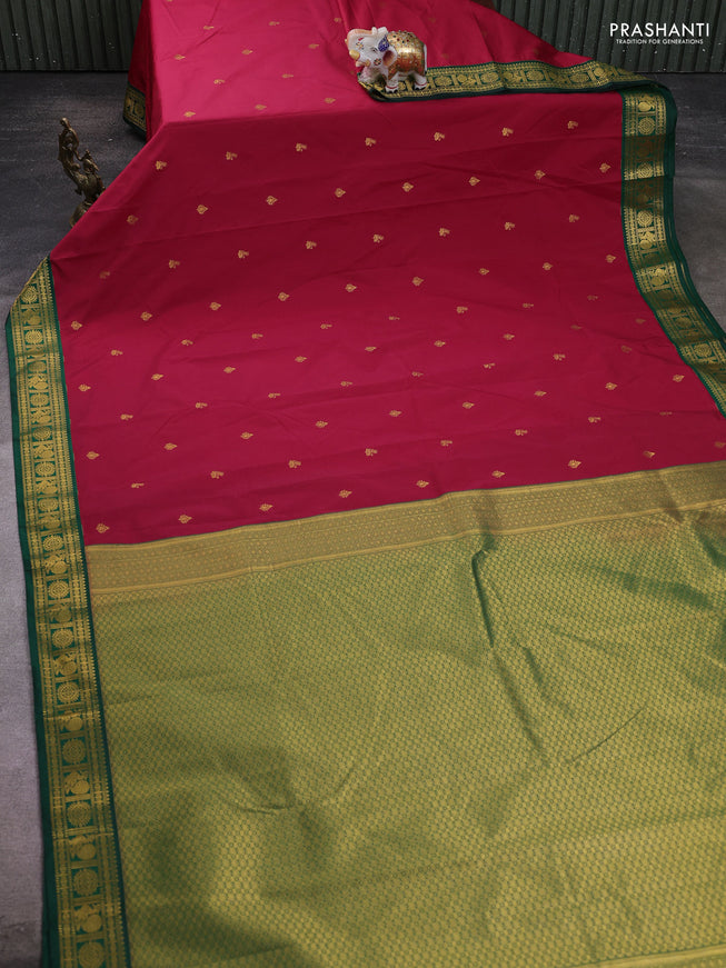 Semi kanchipuram silk saree dark pink and green with zari woven buttas and zari woven korvai border