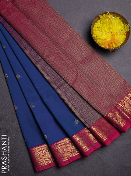 Semi kanchipuram silk saree blue and pink with zari woven buttas and zari woven korvai border