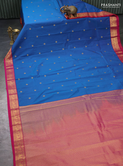 Semi kanchipuram silk saree blue and pink with zari woven buttas and zari woven korvai border