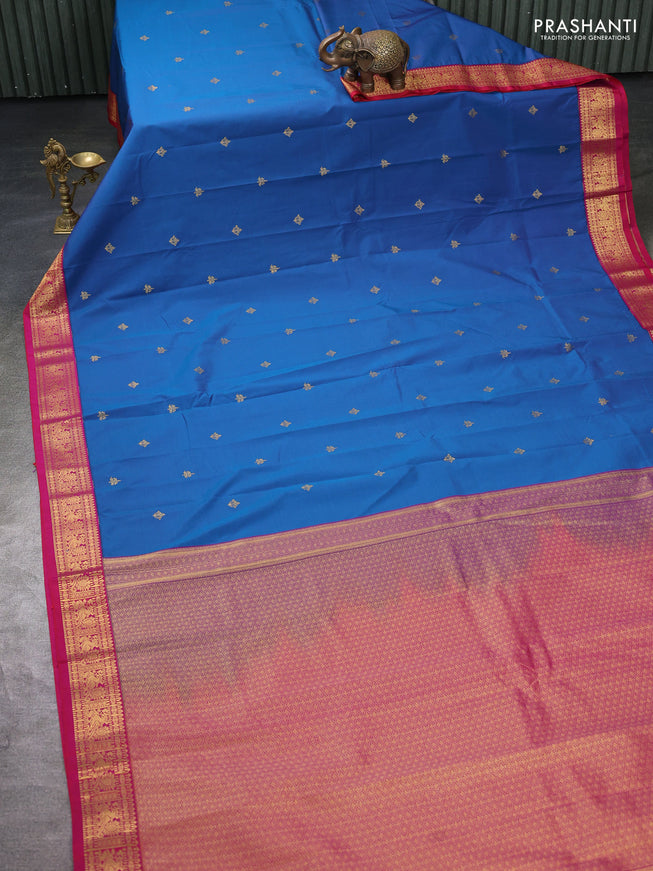 Semi kanchipuram silk saree blue and pink with zari woven buttas and zari woven korvai border