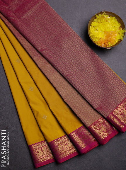 Semi kanchipuram silk saree yellow and pink with zari woven buttas and zari woven korvai border