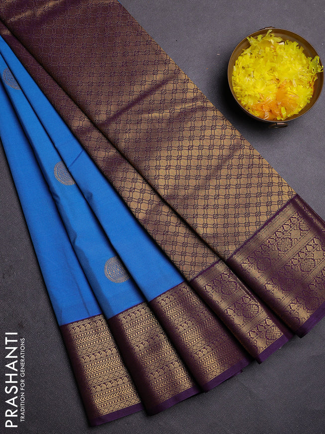 Semi kanchipuram silk saree cs blue and deep violet with zari woven buttas and zari woven korvai border
