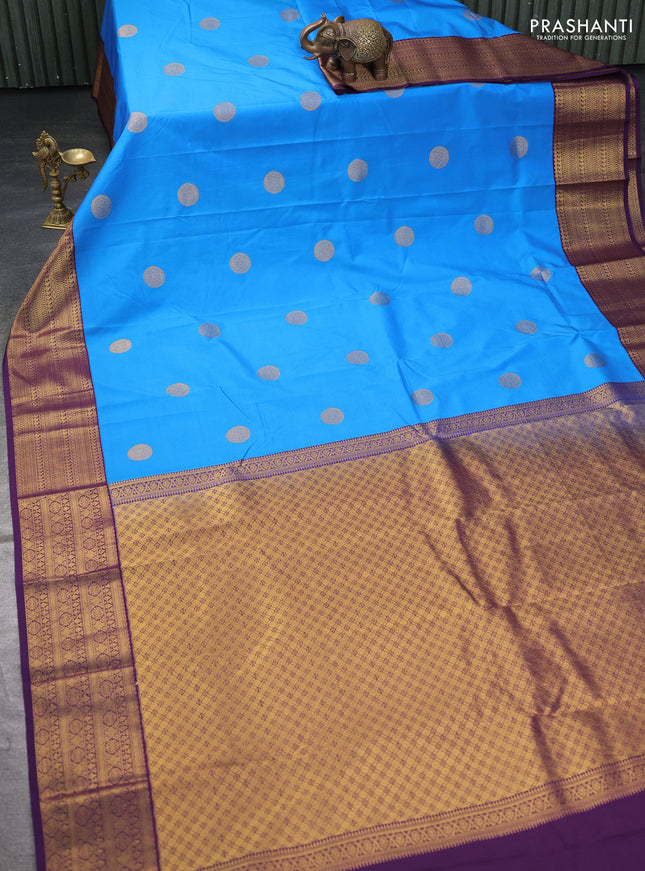 Semi kanchipuram silk saree cs blue and deep violet with zari woven buttas and zari woven korvai border