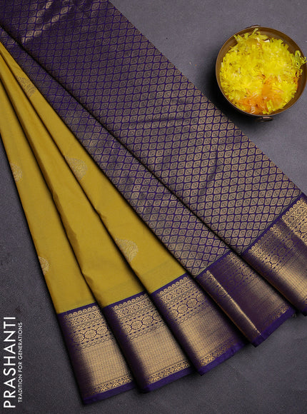 Semi kanchipuram silk saree yellow and navy blue with zari woven buttas and zari woven korvai border