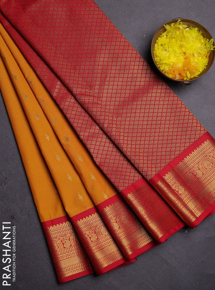 Semi kanchipuram silk saree mustard yellow and red with zari woven buttas and zari woven korvai border