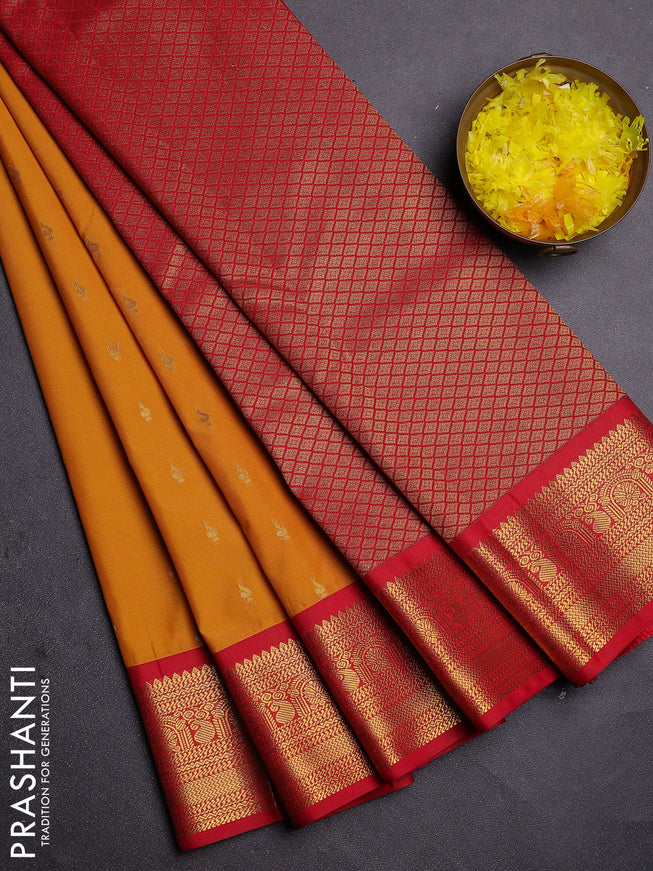 Semi kanchipuram silk saree mustard yellow and red with zari woven buttas and zari woven korvai border