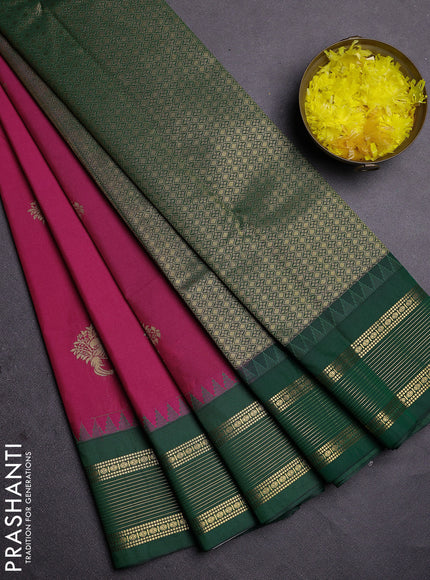 Semi kanchipuram silk saree pink and green with zari woven buttas and temple design zari woven border