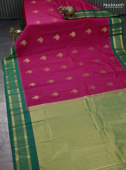 Semi kanchipuram silk saree pink and green with zari woven buttas and temple design zari woven border
