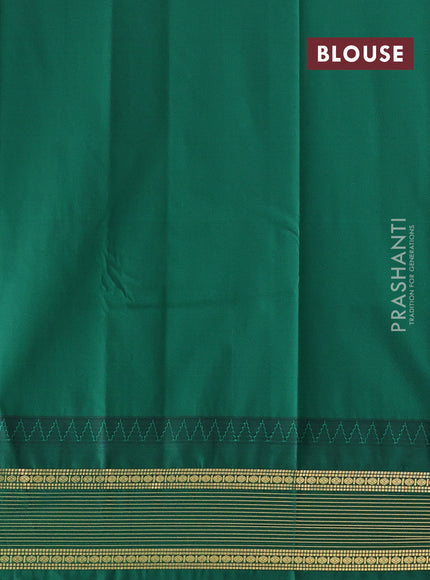 Semi kanchipuram silk saree pink and green with zari woven buttas and temple design zari woven border