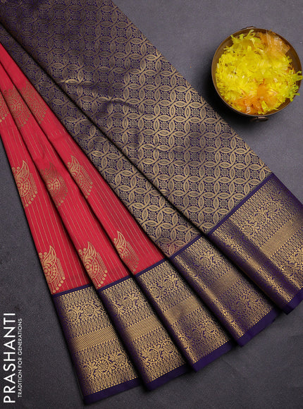 Semi kanchipuram silk saree reddish pink and blue with allover zari weaves and zari woven korvai border