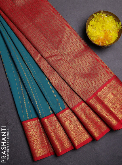 Semi kanchipuram silk saree teal blue and red with allover zari weaves and zari woven korvai border