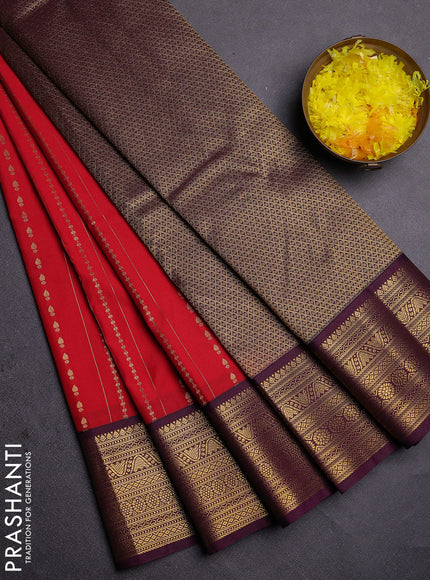 Semi kanchipuram silk saree red and deep wine with allover zari weaves and zari woven korvai border