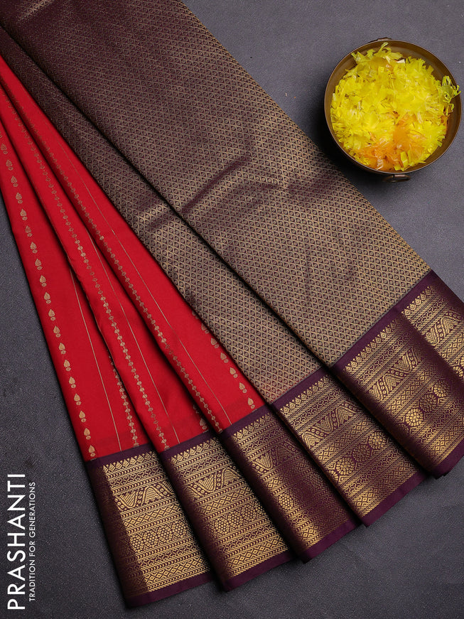 Semi kanchipuram silk saree red and deep wine with allover zari weaves and zari woven korvai border