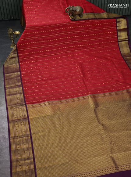 Semi kanchipuram silk saree red and deep wine with allover zari weaves and zari woven korvai border