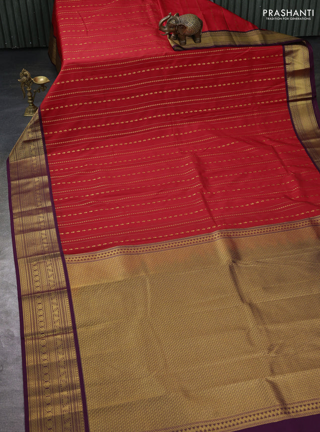 Semi kanchipuram silk saree red and deep wine with allover zari weaves and zari woven korvai border