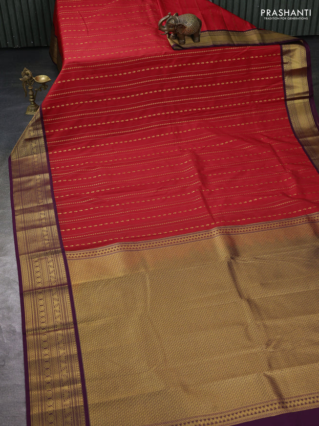 Semi kanchipuram silk saree red and deep wine with allover zari weaves and zari woven korvai border