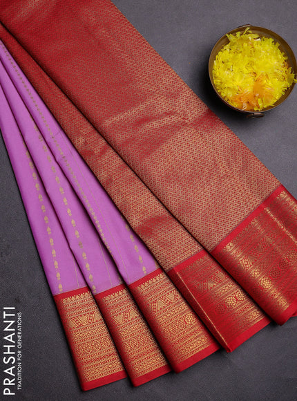 Semi kanchipuram silk saree lavender and red with allover zari weaves and zari woven korvai border