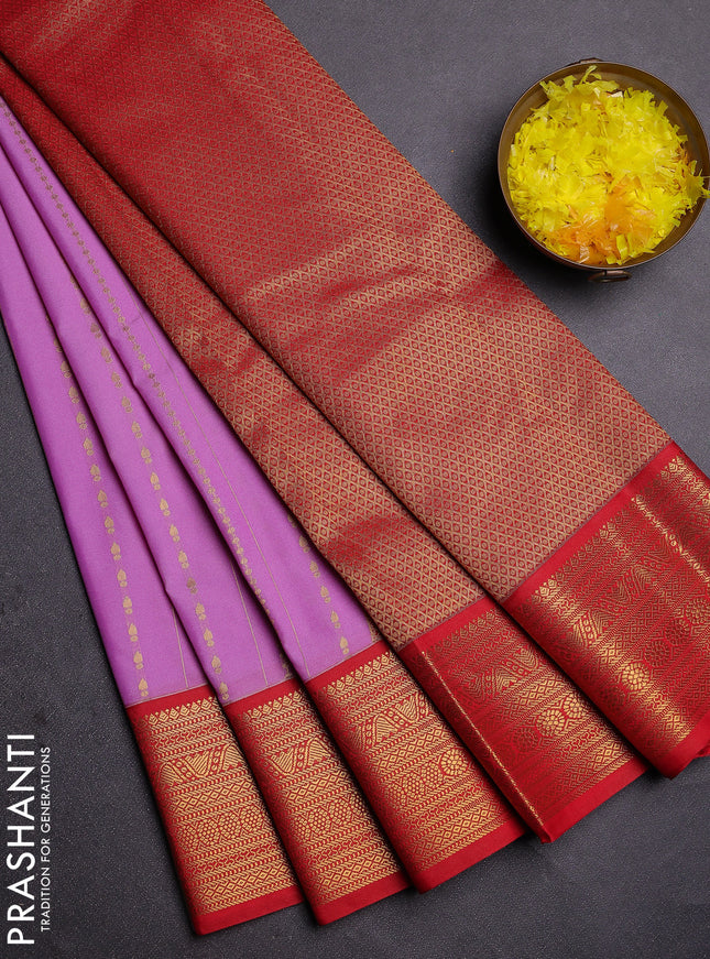 Semi kanchipuram silk saree lavender and red with allover zari weaves and zari woven korvai border