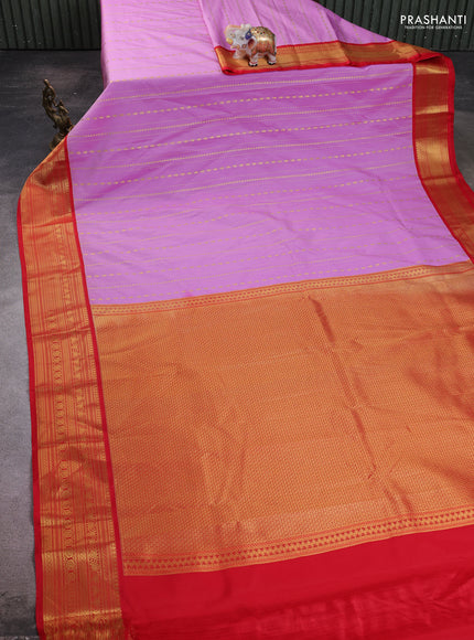 Semi kanchipuram silk saree lavender and red with allover zari weaves and zari woven korvai border