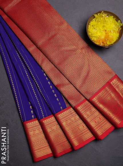 Semi kanchipuram silk saree blue and red with allover zari weaves and zari woven korvai border