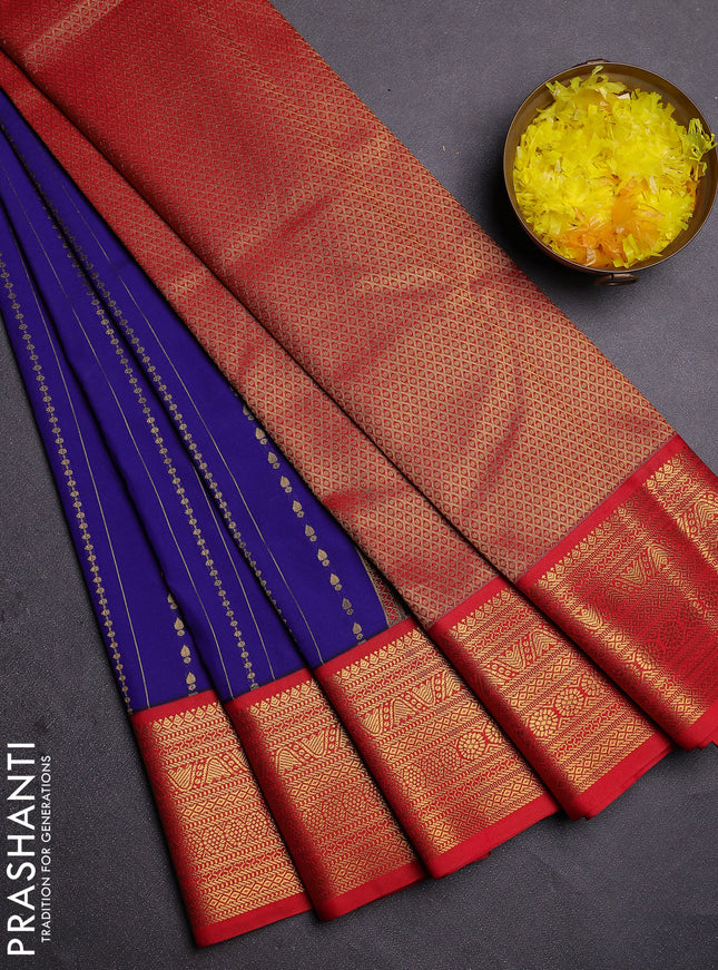 Semi kanchipuram silk saree blue and red with allover zari weaves and zari woven korvai border
