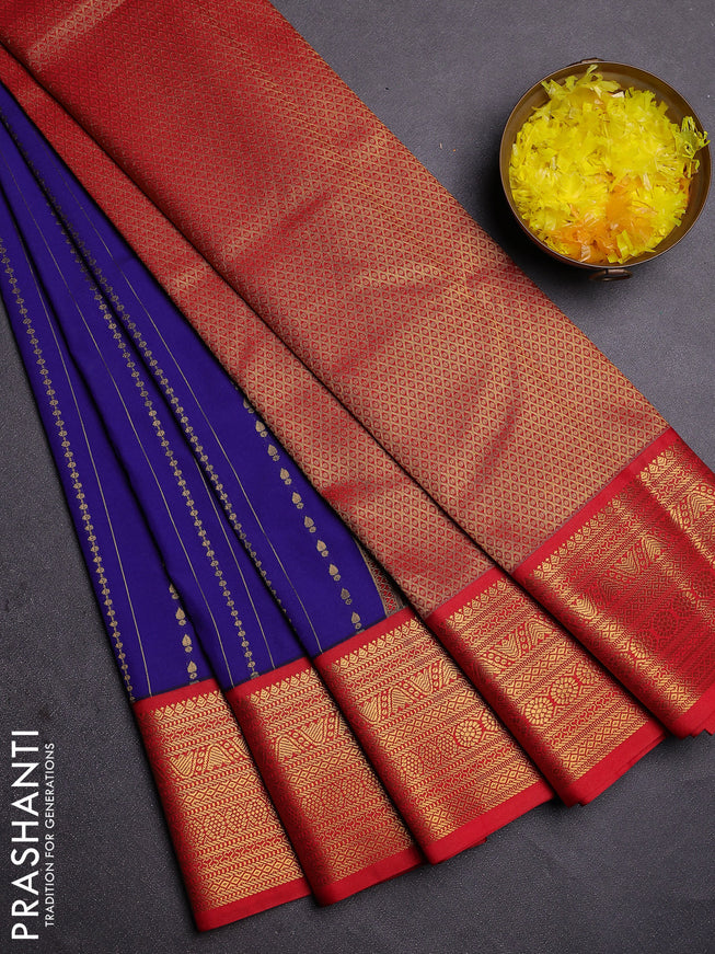 Semi kanchipuram silk saree blue and red with allover zari weaves and zari woven korvai border