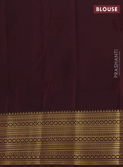 Semi kanchipuram silk saree yellow and coffee brown with zari woven buttas and zari woven korvai border